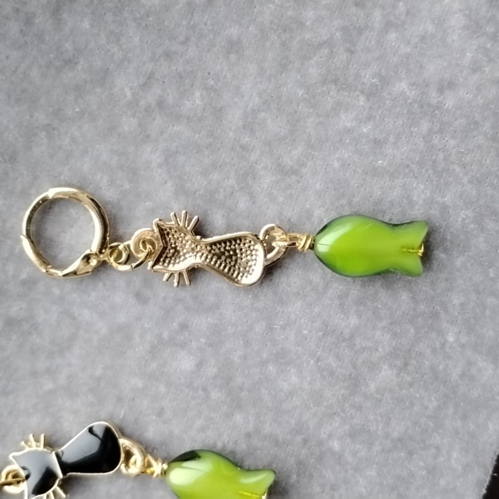 Hand Crafted Black Enamel Cat and Fish Earrings - Picture 2 of 4